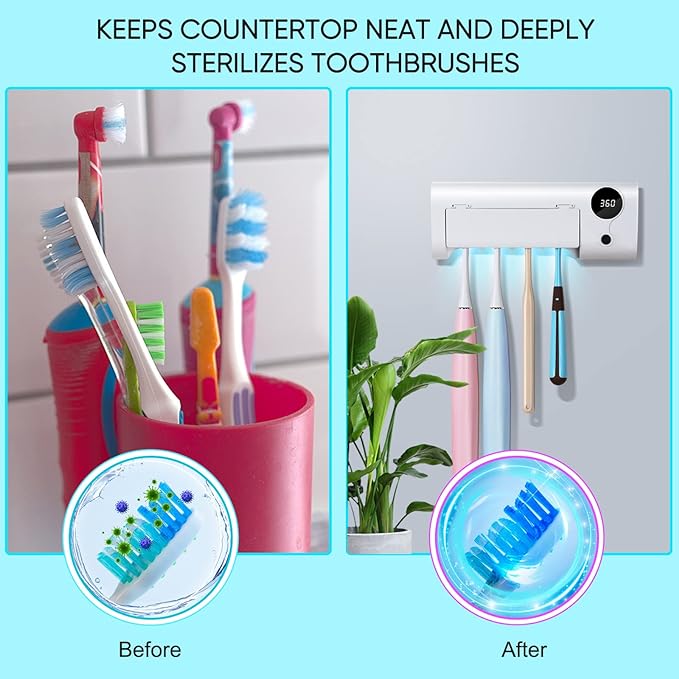 StarWin UV Toothbrush Holder for Bathroom, Timer Function, Rechargeable & Cordless Tooth Brush Cleaner Wall-Mounted, No Drilling, 4 Slots