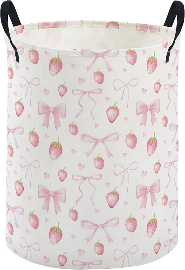 ESSME Kids Laundry Basket,Strawberry Hamper Collapsible Canvas Waterproof Storage Bin for Girls, Cute Hamper,Gift Baskets(Strawberry)