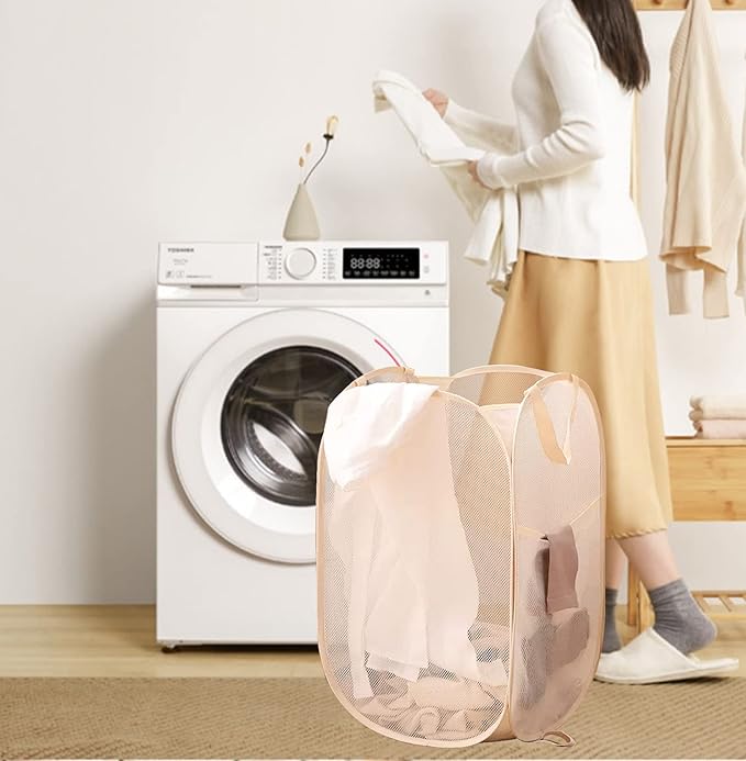 Pop Up Laundry Basket Folding Laundry Hamper Mesh Hamper Storage Bin for College Dorms, Travelling, Crusing, Camping, Beige