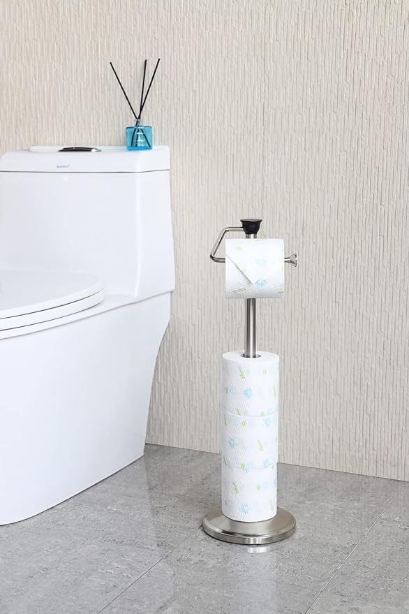 ZCCZ Toilet Paper Holder with Storage - Free Standing Tissue Dispenser - Nickel Finish - Holds up to 5 Mega Rolls - No Tools Required for Assembly - Durable and Stylish Bathroom Accessory