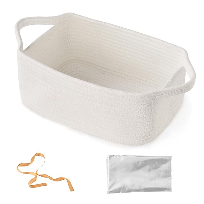 Small Woven Gift Basket Empty with Bag & Ribbon - Gifts for Mom, Baby Shower, Birthdays & Raffle - Cotton Rope Storage Basket for Dog Toys or Shelf - 15.4"x11.4"x6.7", Off White