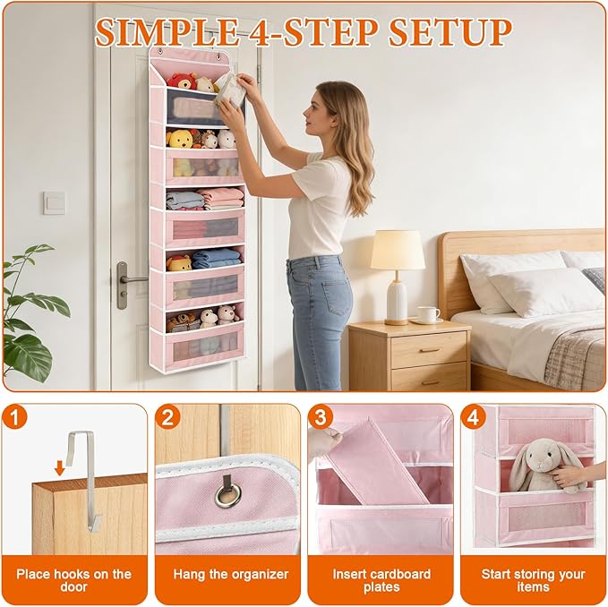 SWIND Over the Door Organizer 5-Tier, Heavy Duty Behind Door Storage, Anti-Tilt Capacity, Door Hanging Organizer with Clear Window for Closet, Bathroom, Nursery, Bedroom, Pantry, Shoe Diaper (Pink)