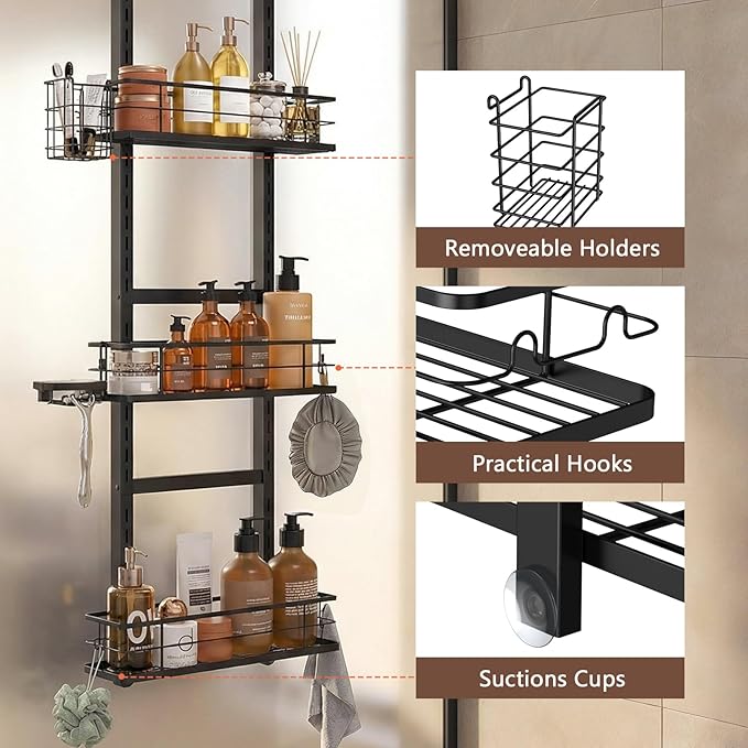 Over The Door Shower Caddy, 304 Stainless Steel Hanging Bathroom Organizer, Pantry Organizer & Kitchen Storage Rack with 3 Adjustable Shelves, No Drilling Hanging Shelf with 14 Hooks, Black