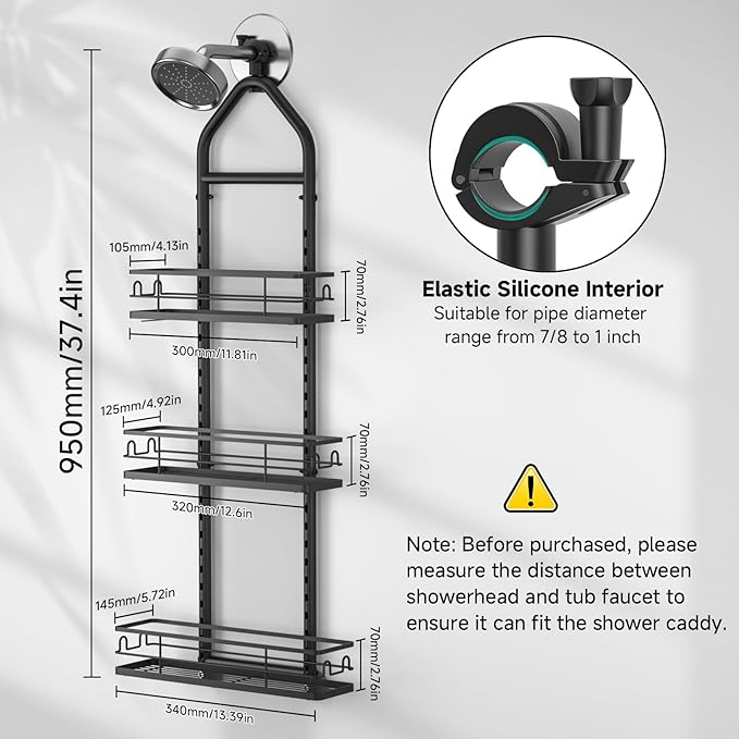 3 Tier Hanging Shower Head Caddy, Adjustable Hanging Shower Caddy Over Showerhead, Standing Shower Caddy No Drilling Handing Racks Rustproof for Bathroom Shampoo Soap Storage