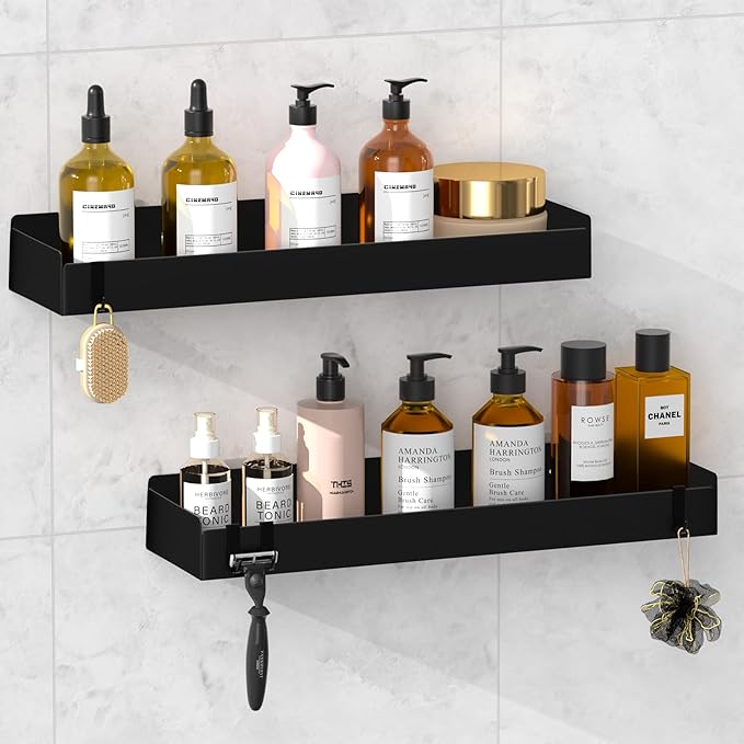 Wisfame Shower Caddy Black,40cm Adhesive Shower Shelve with Large Capacity, Quick-Dry Metal Bathroom Shelves with 8 Hooks, 2 Pack Drill-Free Rustproof Durable Shower Organizers Rack