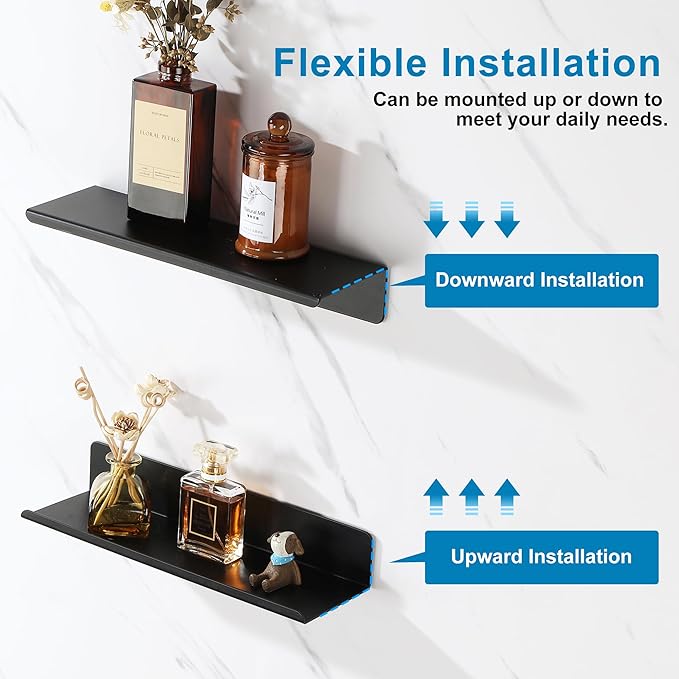 SAYAYO Black Floating Shelves for Wall Storage, 12 Inch Adhesive Wall Shelves for Bedroom Decor, Small Display Bathroom Shelf Organizer for Kitchen, Living Room, Office, 2pcs
