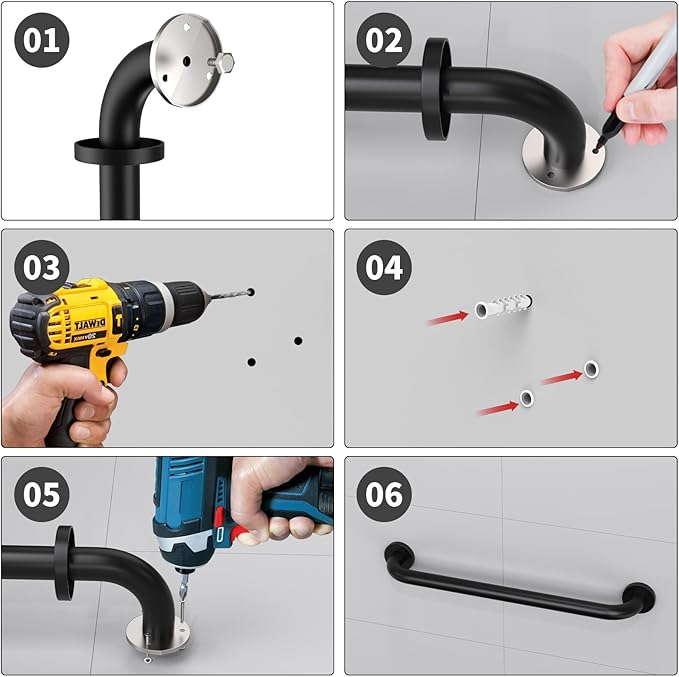 2 Pack 24 Inch Black Shower Grab Bars, ZUEXT Stainless Steel Bathroom Wall Grab Bar Handle, Shower Balance Bar, Safety Hand Rail Support,Handicap Elderly Senior Assist Bath Grab Handle(1.25" Diameter)