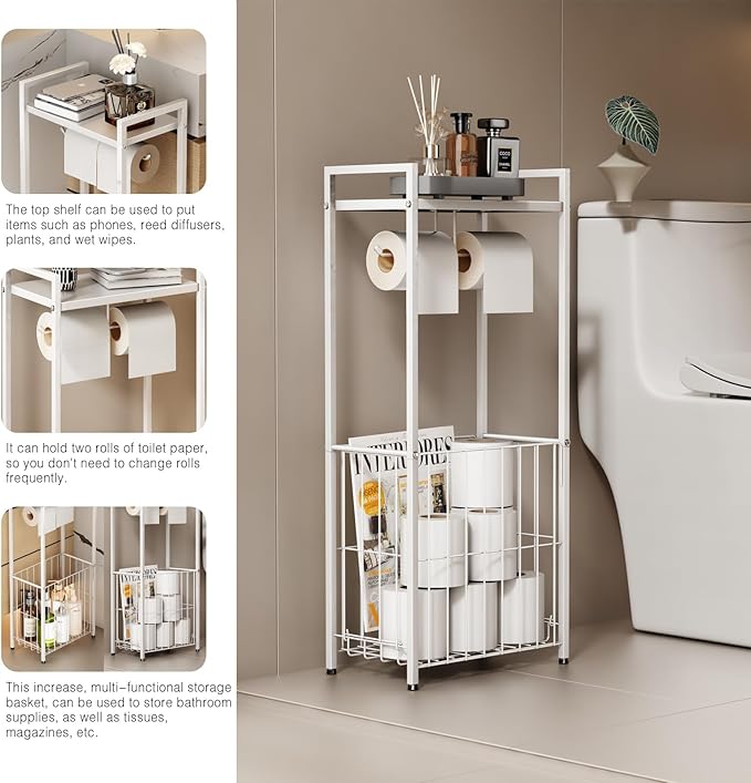 VOLDRA Toilet Paper Holder Stand with Storage Shelf, Free Standing Toilet Paper Roll Holder with Large Basket Heavy Duty Floor Double Tissue Dispenser for Bathroom Freestanding Tp Holder (Matte White)