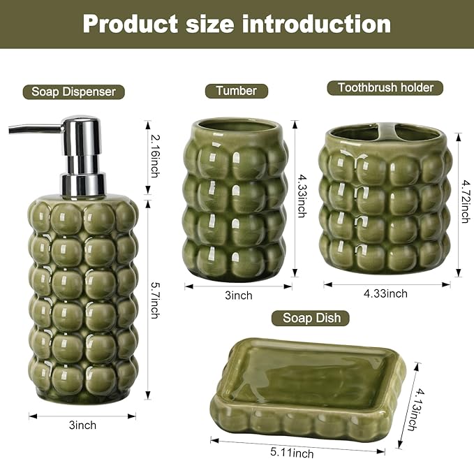 4 Piece Ceramic Bathroom Accessories Set –Soap Dispenser,Toothbrush Holder,Tumbler & Soap Dish,Includes Silicone Funnel,Non-Slip,Modern Farmhouse Countertop Organizer Set for Bathroom Decor, Green