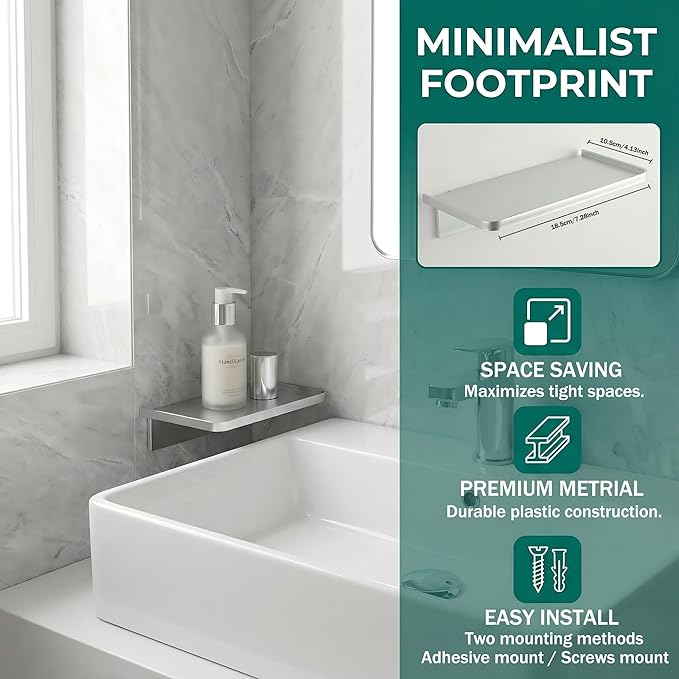 EHKIT Small Floating Shelf Heavy Acrylic Adhesive Stick on Sticky Strips/Nail Screws Wall Mount Bathroom Organizer Wipes Phone Glasses Essential Oil Perfume (White)