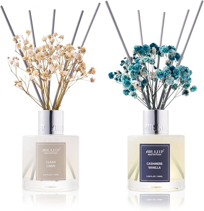 Airkeep Reed Diffuser 3.38 oz (100ml) 2pk,Clean Linen/Cashmere Vanilla Scented Reed Diffuser Set,Reed Diffuser & Oil Diffuser Sticks, Aromatherapy, Home & Kitchen Décor,Fragrance and Gifts