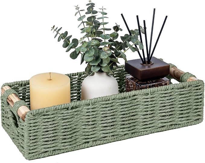CubesLand Back of Toilet Storage Basket for Organizing w/Cut Out Handle, Handwoven Toilet Tank Top Paper Baskets, Wicker Decorative Basket for Countertop, Home Decor, Living Room, Nursery, Green