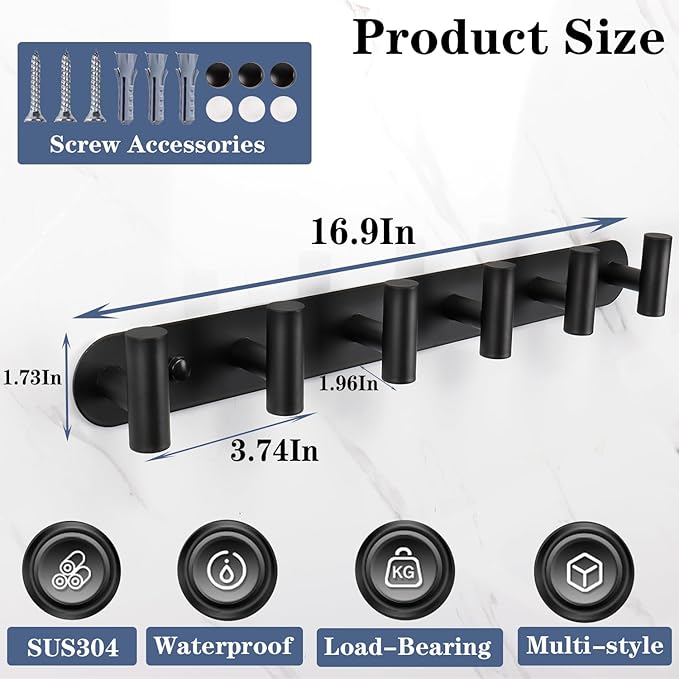 Coat Hook Rack, Wall Mounted Coat Rack with 12 Hooks, Heavy Duty Towel Hooks Rack Wall Hooks for Hanging Clothes, Stainless Steel Coat Hanger for Bathroom Entryway Mudroom(Matte Black)