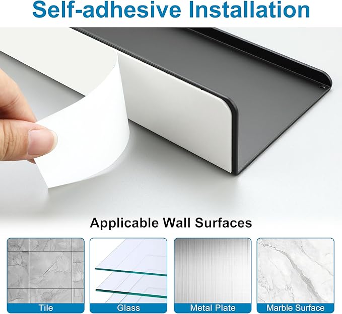 SAYAYO Black Floating Shelves for Wall Storage, 8 Inch Adhesive Wall Shelves for Bedroom Decor, Small Display Bathroom Shelf Organizer for Kitchen, Living Room, Office, 2pcs