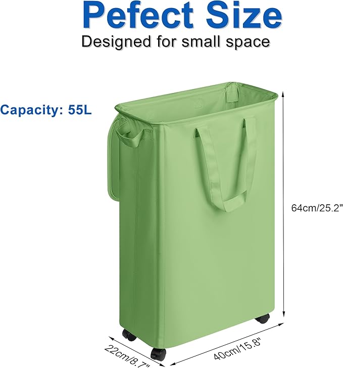 Vincona Slim Laundry Hamper with Lid and Wheels, Small Rolling Laundry Basket with Handle for Small Spaces, Tall Dirty Clothes Hampers for Dorm, Bathroom and Bedroom, 55L, Soga Green