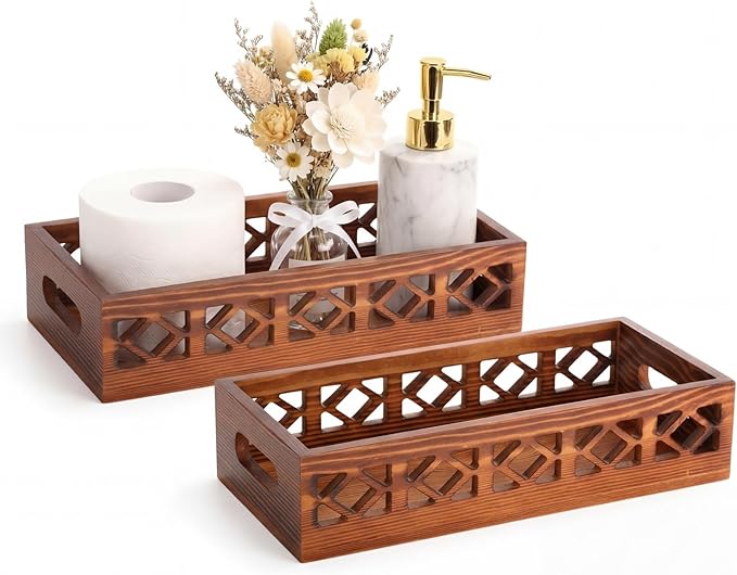 Qunclay 2 Pack Brown Toilet Tank Baskets Wooden Toilet Tank Top Paper Baskets with Handle Rustic Hollow Bathroom Paper Organizer Holders Farmhouse Decorative Bathroom Storage Box