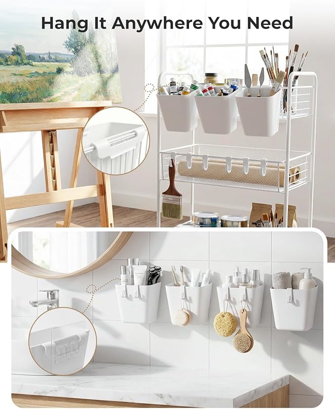 4 Pack Rolling Cart Accessories, White Craft Cart Cup Holder and 6 Hooks for Utility Carts Accessories, Adhesive Kitchen Cabinet Door Storage, Space-Saving Wall Mount Organizer for Bathroom, Office