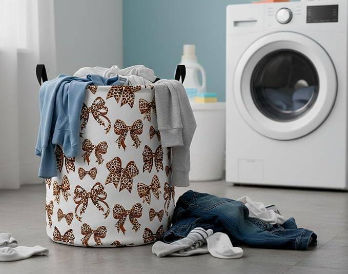 CLOCOR Large Laundry Basket,Waterproof Nursery Hamper,Collapsible Fabric Storage Container,Room Decor,Gift Basket（Leopard Print Bow