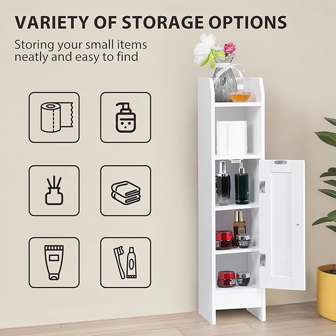 SUPER DEAL Small Bathroom Storage Corner Cabinet Set of 2, Narrow Floor Bathroom Toilet Paper Storage Organizer with Adjustable Shelves for Small Space, White
