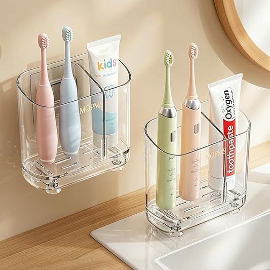 Toothbrush Holders with Drainage for Bathroom Countertop Organizer, 2 Slots Electric Toothbrush Holder Wall-Mount with Divider for Easy Clean, Tooth Brush and Toothpaste Holder for Bathroom Kitchen