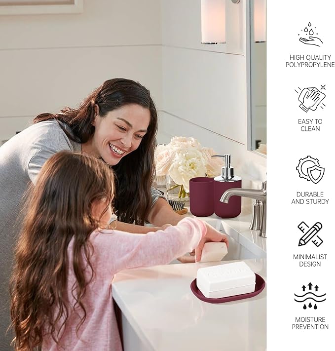 Bathroom Accessory Set, 4 Pcs Plastic Bathroom Set Include Soap Dispenser, Soap Dish, Toothbrush Holder, Mousewash Cup, Modern Bahtroom Décor Set, Space Save for Bathroom(Burgundy)