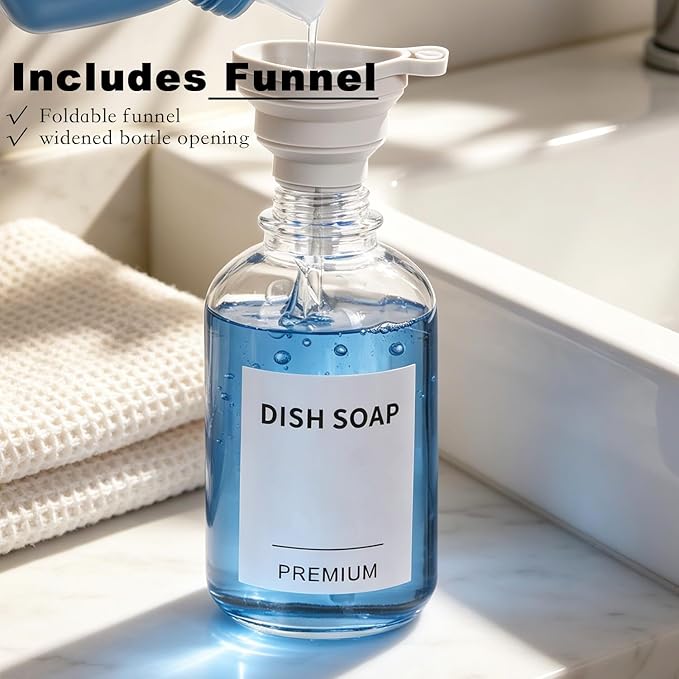 12oz Dish Soap Dispenser for Kitchen, Hand Glass Soap Dispenser Set with Pump, Tray, Funnel for Bathroom, Shower, Laundry, Liquid, Lotion (Gold 2 Pack Clear Bottles with 12 Stickers)
