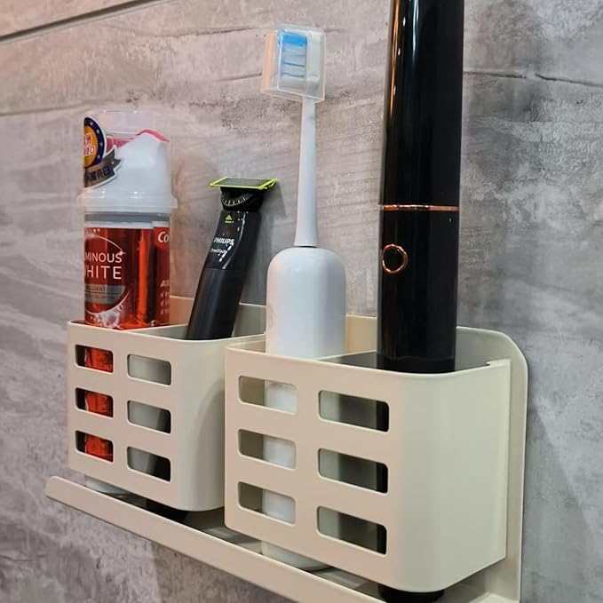 Aluminum Toothbrush Holder Self-Adhesive Wall Mount Bathroom Organizer for Toothbrush, Razor, Comb & Toothpaste. (Cream White