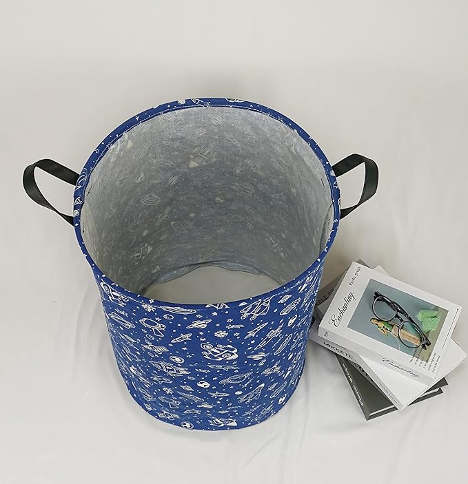 Kids Laundry Hamper Clothes Gift Basket Storage Laundry Baskets Organizer Bin with Handles for Nursery Room (Navy Spaceship)
