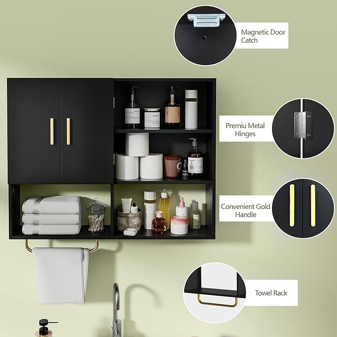 Bathroom Wall Cabinet Wood Large Wall Mounted Medicine Cabinet with 2 Doors and 4 Open Shelves Over Toilet Storage Cabinet Organizer with Towel Bar, Black
