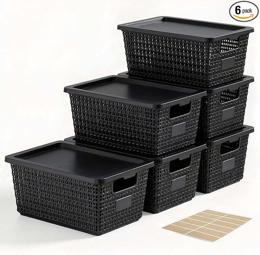Storage Bins with Lids | Plastic Storage Baskets with Lids for Office Organization,Stackable Organizing Bins with Latching Design, Easy-Clean Boxes for Home, Office, Toys & Classroom Supplies, 6 packs