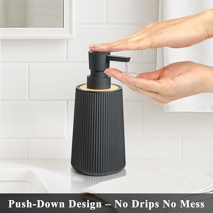Black Hand Soap Dispenser Set with Bamboo Decor and No Rust Pump for Bathroom and Kitchen Countertops Refillable Striped Matte Plastic 8.5 oz