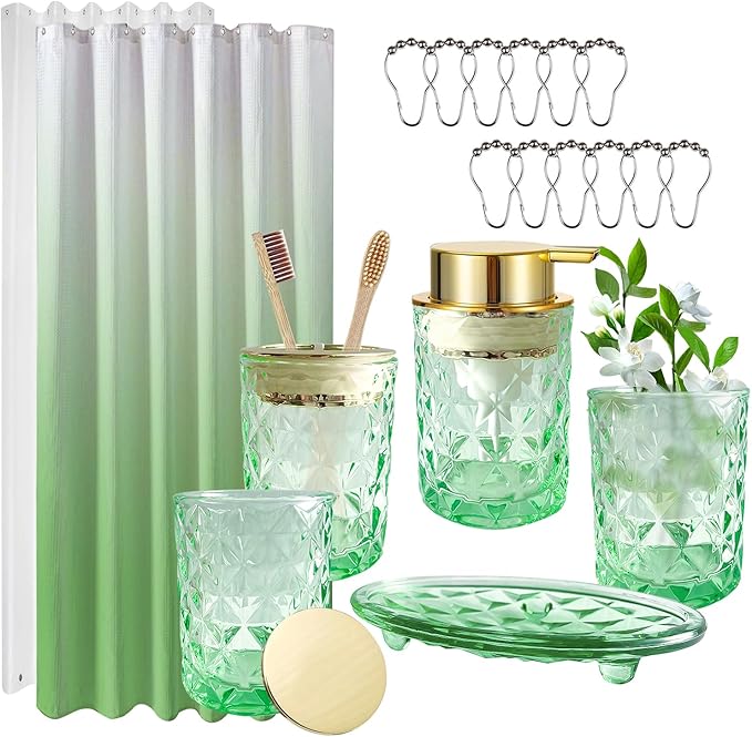 Green Bathroom Accessories Set with Shower Curtain and Liner, 7-Piece Bathroom Decor Set, Soap Dispenser, Toothbrush Holder, Soap Dish, Vanity Tray, Complete Bathroom Makeover Set