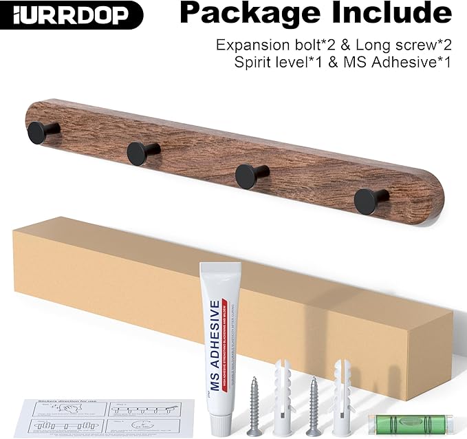 16 Inch Walnut Wood Wall Mounted Coat Rack with 4 Matte Black Round Hooks Adhesive Mounted Entryway Hooks Modern Natural Wooden Pegs for Hanging Coat Clothes Hat Bag Purse Key and Towel