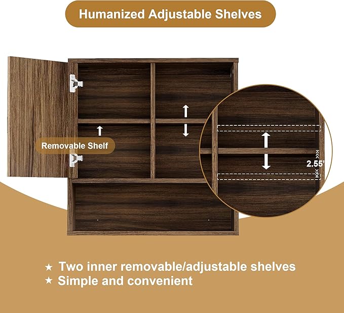 FerniTry Farmhouse Bathroom Wall Cabinet Fluted,Medicine Cabinet Over The Toilet Storage Cabinet with Adjustable Shelf, Wood Wall Mounted Storage Cabinet Organizer 23.2Wx24Hx7.6D (Dark Walnut, Medium)