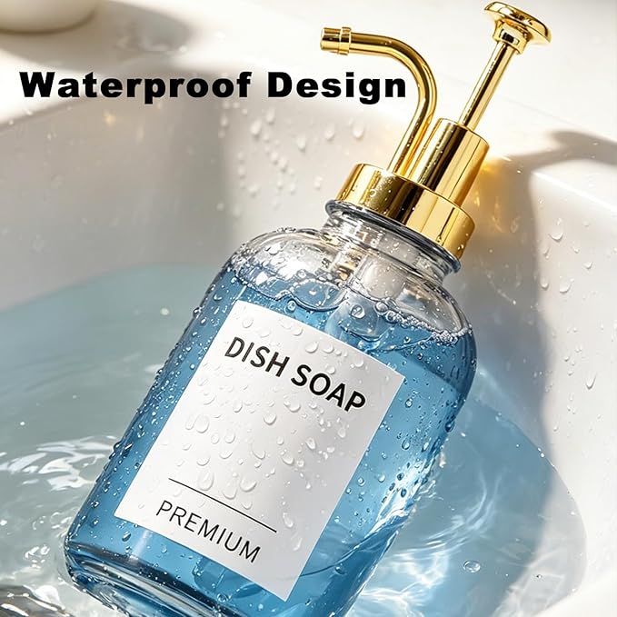 12oz Dish Soap Dispenser for Kitchen, Hand Glass Soap Dispenser Set with Pump, Tray, Funnel for Bathroom, Shower, Laundry, Liquid, Lotion (Gold 2 Pack Clear Bottles with 12 Stickers)