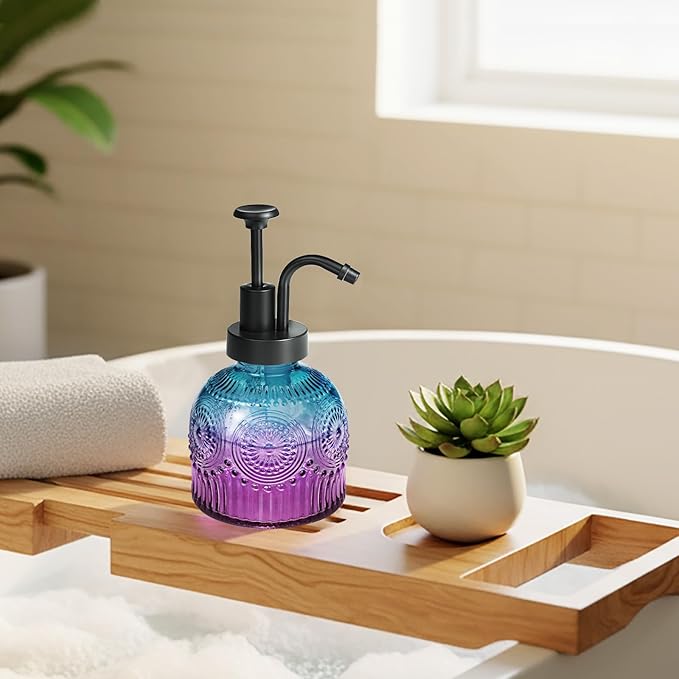 SheeChung Vintage Soap Dispenser, Kitchen Dish Soap Dispensers with Pump Mat, Glass Hand Soap Dispenser for Bathroom, Liquid, Lotion, Refillable, Rustic Farmhouse Decor-Purple Blue (Black Pump, 2 pk)