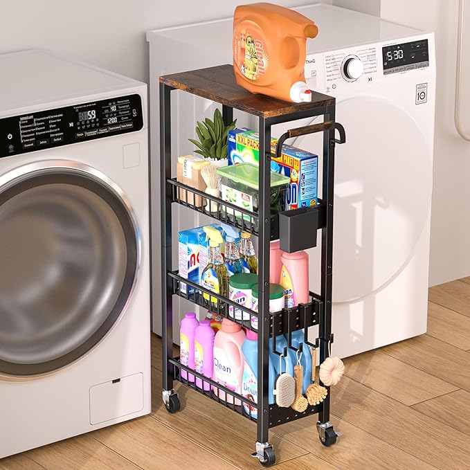 DTUQYX Laundry Room Organization Cart, 4 Tier Slim Rolling Cart for Small Narrow Spaces, Storage Shelf Cabinet with Wheels for Bathroom, Utility Room, Kitchen, Near Washer and Dryer (9.1" W Overall)
