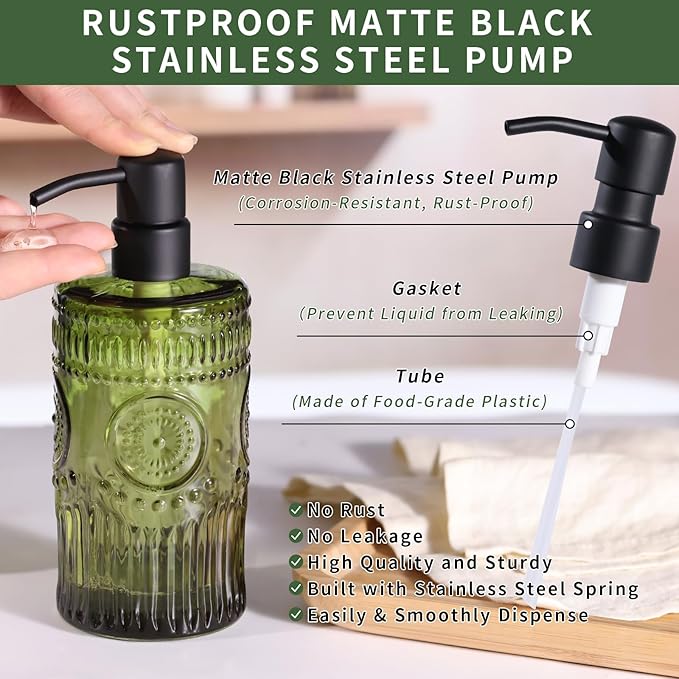 17 OZ Sunflower Embossed Glass Soap Dispenser - 2 Pack, with 304 Rust Proof Stainless Steel Pump, Glass Soap and Lotion Dispenser Set, Liquid Hand Soap Dispenser for Home, Kitchen & Bathroom (Green)