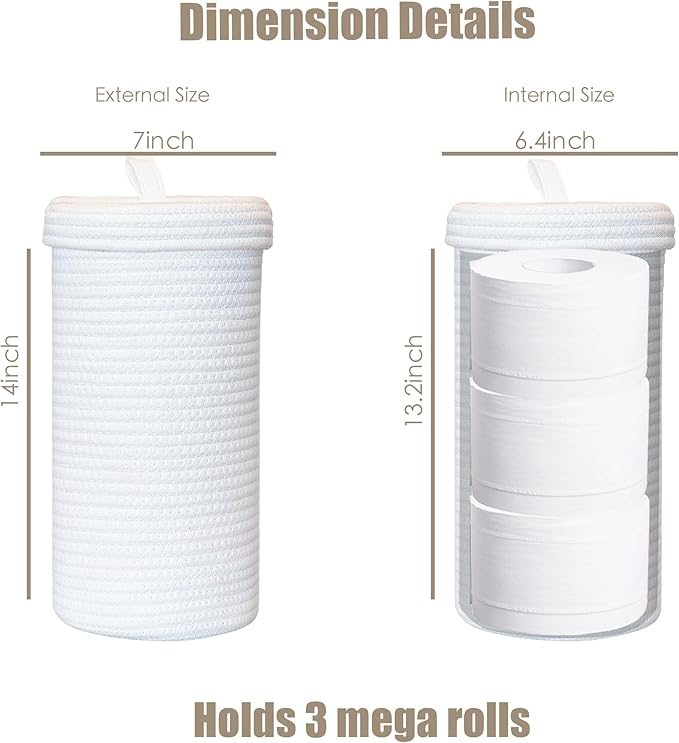 Toilet Paper Holder Handmade – Woven Cotton Toilet Paper Stand & Storage Basket with Lid, Freestanding Organizer for Bathroom, Fits 3 Mega Rolls Gradient Brown 14'' x 7''