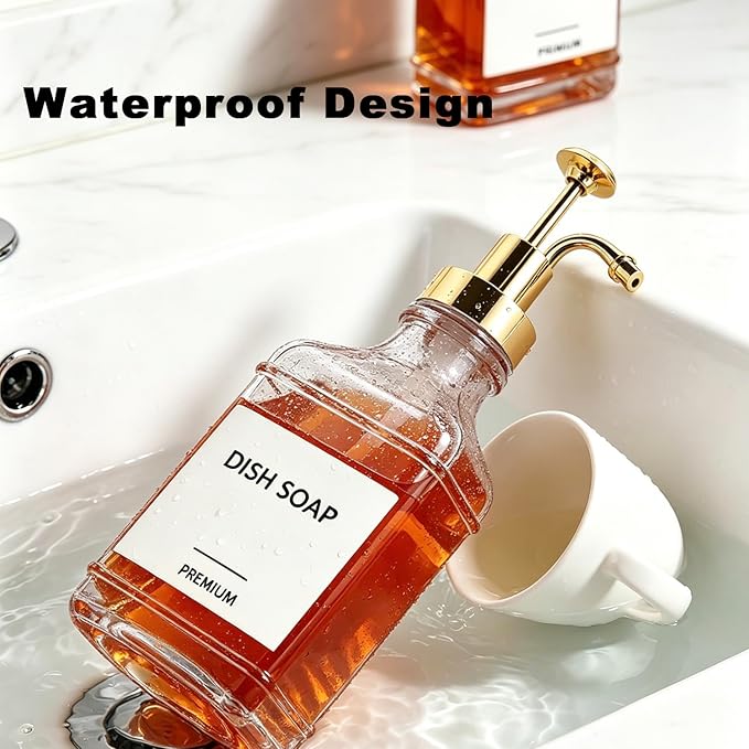 Dish Soap Dispenser for Kitchen, Hand Glass Soap Dispenser Set with Pump, Funnel for Bathroom, Shower, Laundry, Liquid, Lotion (Gold 2 Pack 18 Oz Clear Bottles with 12 Stickers)