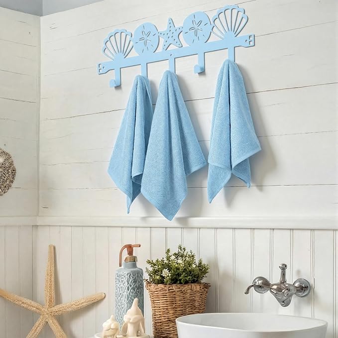 AceOrbit Blue Beach Over The Door Hooks Seashells and Starfish Wall Mount Bathroom Towel Hanger Decorative Nautical Coastal Door Holder Rack with 5 Hooks Hanging for Coat Keys Bags Home Room Decor