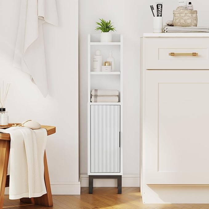Small Bathroom Storage Cabinet, Narrow Corner Floor Cabinet with Door and Shelves for Toilet Paper, Bathroom Organizer with Adjustable Shelf, for Small Spaces (White)