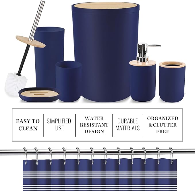Britimes Bathroom Accessories Sets, Blue Shower Curtain Set with Trash Can, Soap Dispenser, Toilet Brush Holder, Toothbrush Holder and Toothbrush Cup for Bathroom Decor 72"*72"