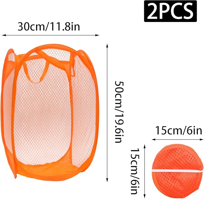 2Pcs Small Laundry Hampers, Folding Popup Mesh Laundry Basket, Collapsible Dirty Clothes Hamper, Portable Mesh Popup Hamper, Ideal for Bedroom, Travel and Home Use (Red & Orange)