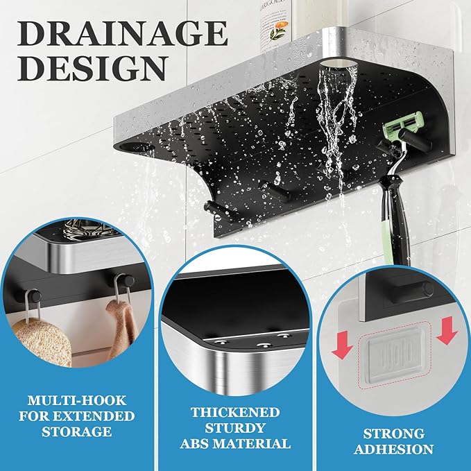 Shower Caddy Adhesive, Shower Shelves for Inside Shower with Hooks,No Drill Bathroom Organizers and Storage Hanging, Rustproof Shower Organize Rack, Silver