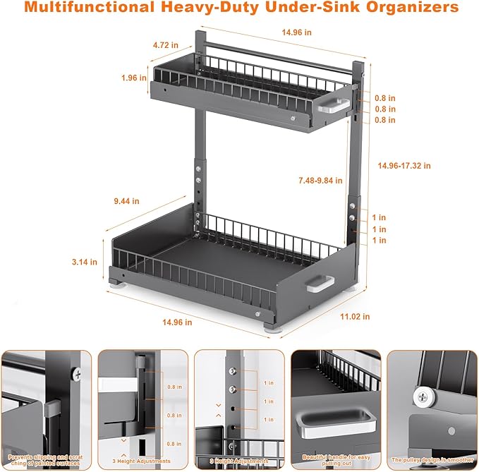 Under Sink Organizer, 2 Tier Slide Out Cabinet Organizer with Pulley, Height Adjustable Pull Out Shelf for Kitchen, Bathroom, Laundry and Utility Storage, Gray, 1 Pack