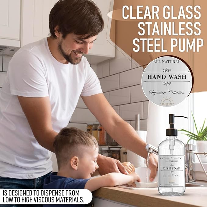 Sunrise Premium 2 Pack Clear Glass Soap Dispenser 16 OZ with Oil Rubbed Bronze Stainless Steel Pump, Hand and Dish Soap Dispenser Set for Bathroom and Kitchen Sink with 6 Waterproof Labels