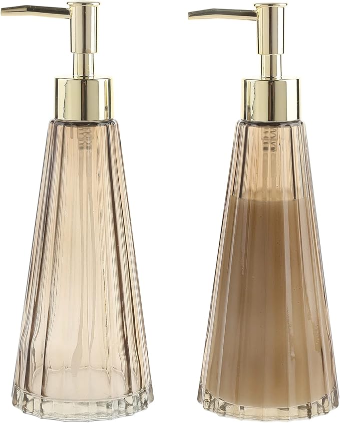 MyGift 2 Pcs Vintage Soap and Lotion Dispenser Set, Smoked Glass and Brass Liquid Pump Dispenser with Vertical Ribbed Design