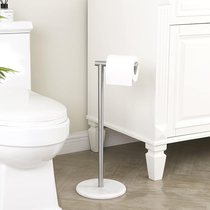 KES Toilet Paper Holder Stand, Freestanding Toilet Paper Roll Holder with Modern Natural Marble Base, White Freestanding Toilet Tissue Holder SUS304 Stainless Steel Brushed Finish BPH284S1-2