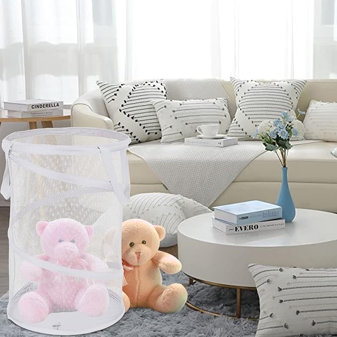BATTOO Collapsible Laundry Basket Foldable Mesh Pop Up Hamper with Handles for Laundry Room, Bathroom, Kids Room, College Dorm, Travel, Storage Organizer White
